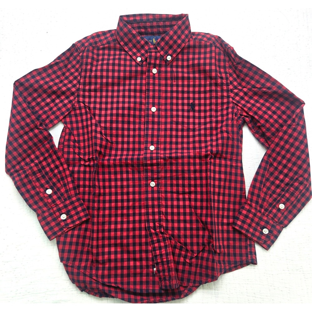 Ralph Lauren Boys Red Navy Gingham Cotton Button Down Shirt Size 7